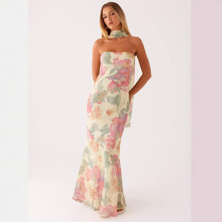 Damer Elegant Maxi Kjole med Blomster Chiffon Design og Halterneck Kutt