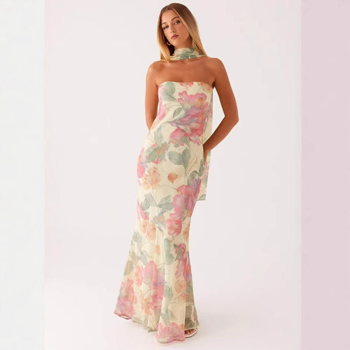 Damer Elegant Maxi Kjole med Blomster Chiffon Design og Halterneck Kutt