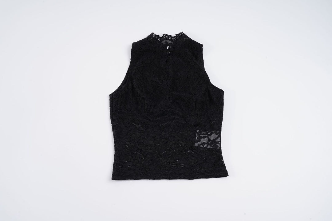 Dame spiss-crop-top med elegant stående krage og transparente innsatser Skjora