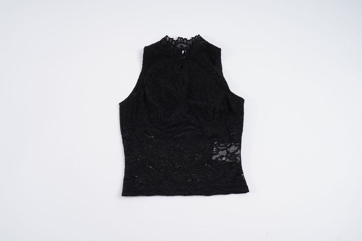 Dame spiss-crop-top med elegant stående krage og transparente innsatser Skjora