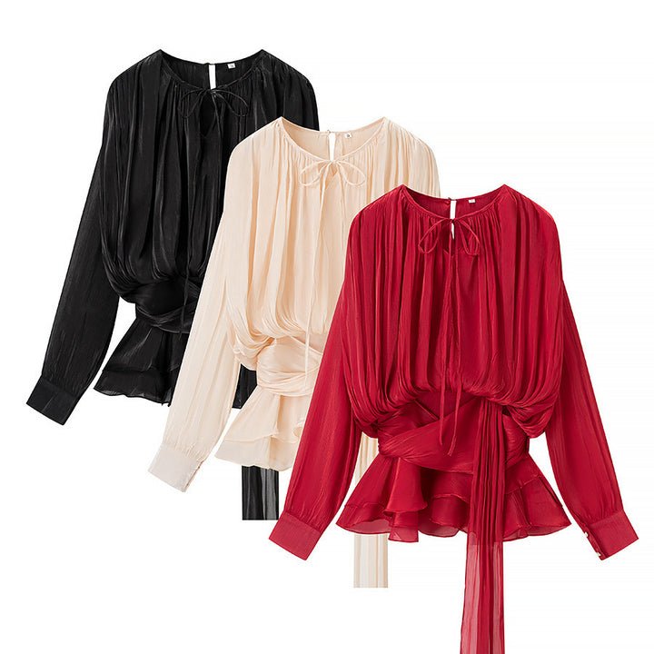 Damer Elegant Bluse med Volanger og Bundet Belte Skjora
