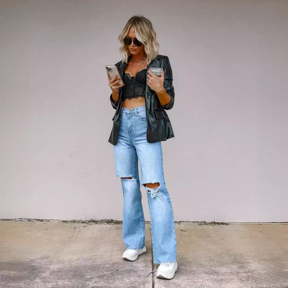 Dame Flared Jeans med moderne ødelagte detaljer Skjora