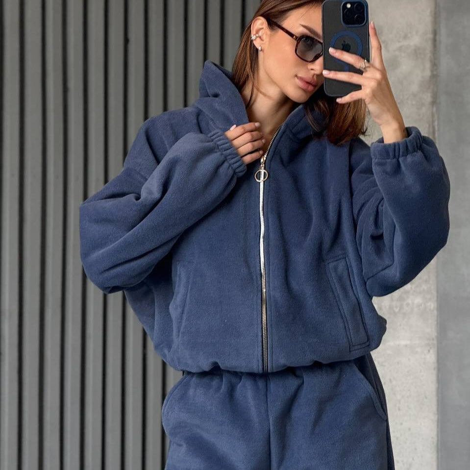 Damer Komfortabel Velour Hoodie Treningsdress med Glidelås Skjora