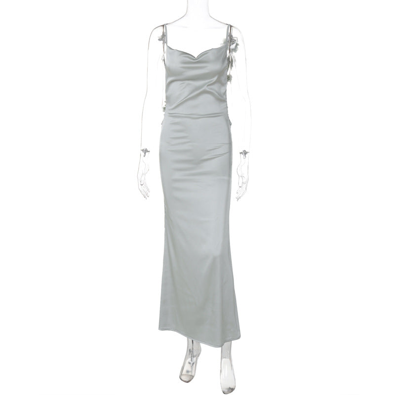 Dame Satin Maxikjole med delikate stropper og elegant drapering Skjora