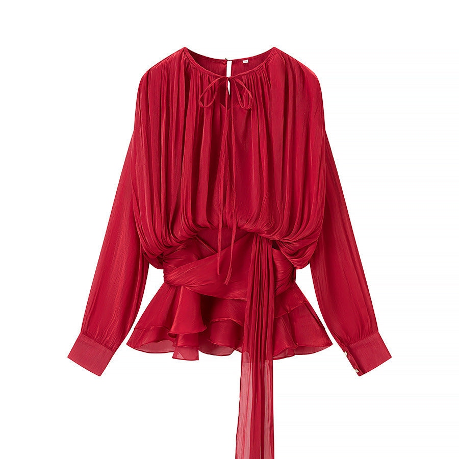 Damer Elegant Bluse med Volanger og Bundet Belte Skjora