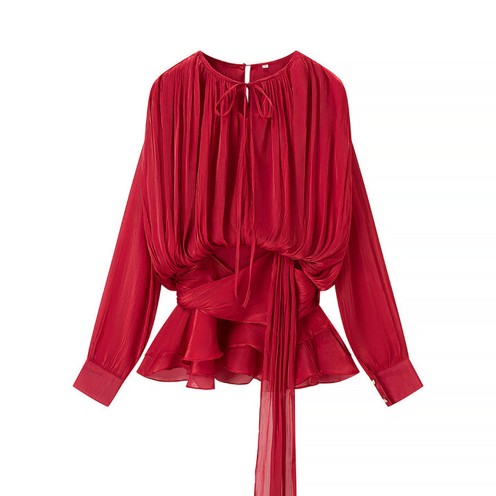 Damer Elegant Bluse med Volanger og Bundet Belte Skjora