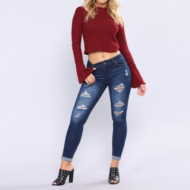 Dame Slim-Fit Jeans med trendy Zdestroyed-detaljer Skjora