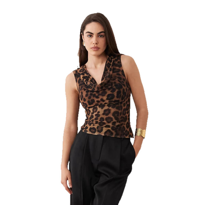 Dame Cowl-Neck Top med leopardmønster og figursydd snitt Skjora