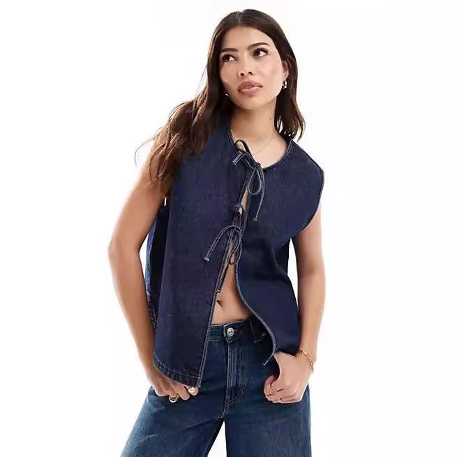 Dame Denim Bustier-Vest med snøring Skjora