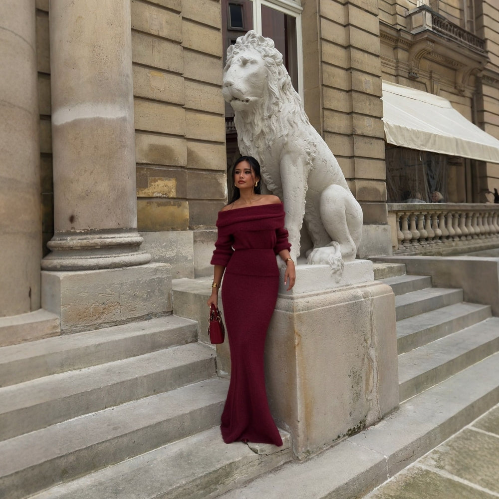 Damer Elegant Strikk Maxi Kjole med Off-Shoulder Design og Lange Ermer Skjora