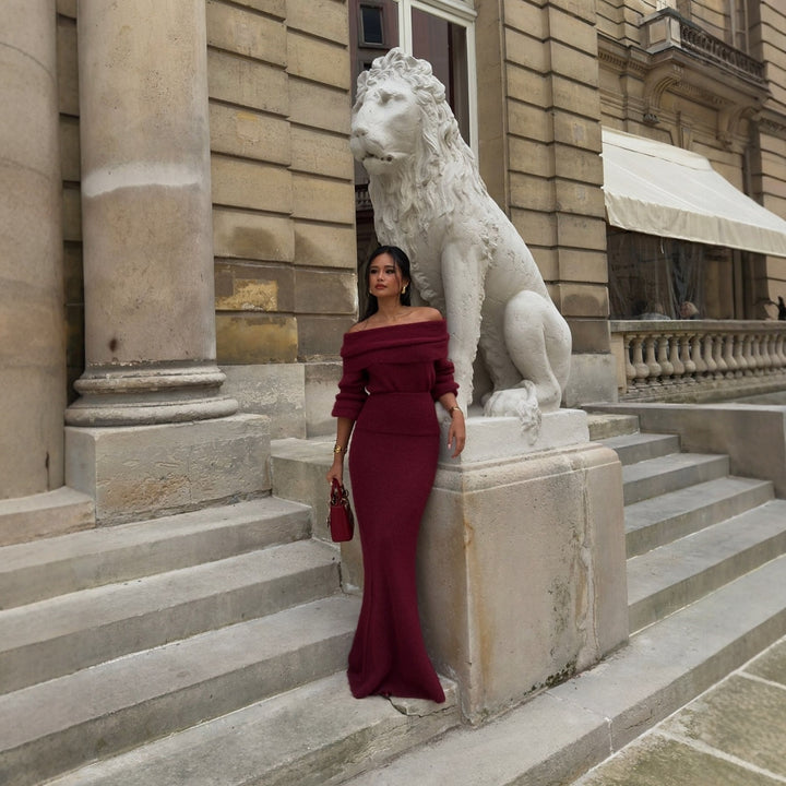 Damer Elegant Strikk Maxi Kjole med Off-Shoulder Design og Lange Ermer Skjora