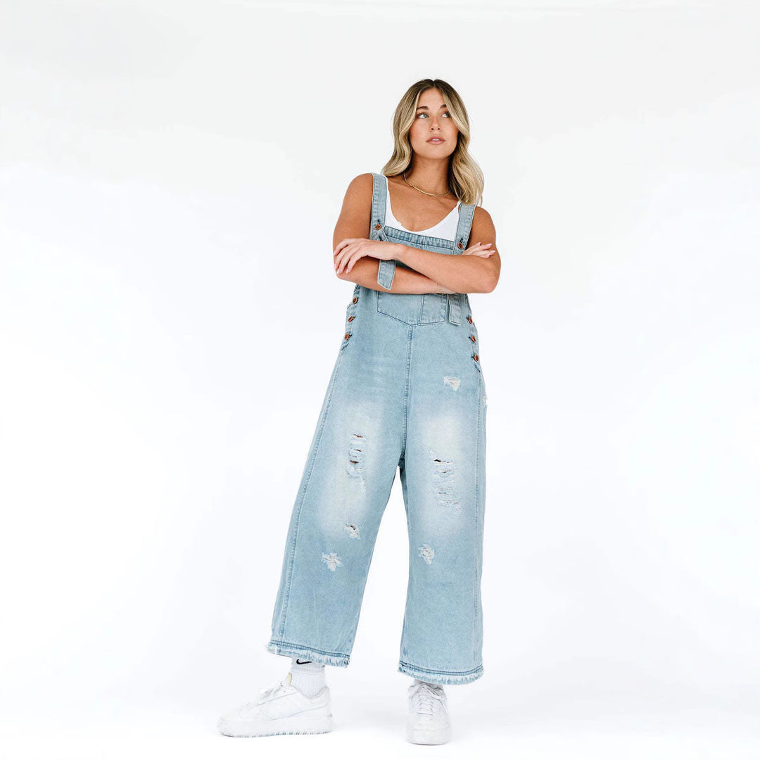 Dame casual denim overalls med trendy destroyed-detaljer Skjora