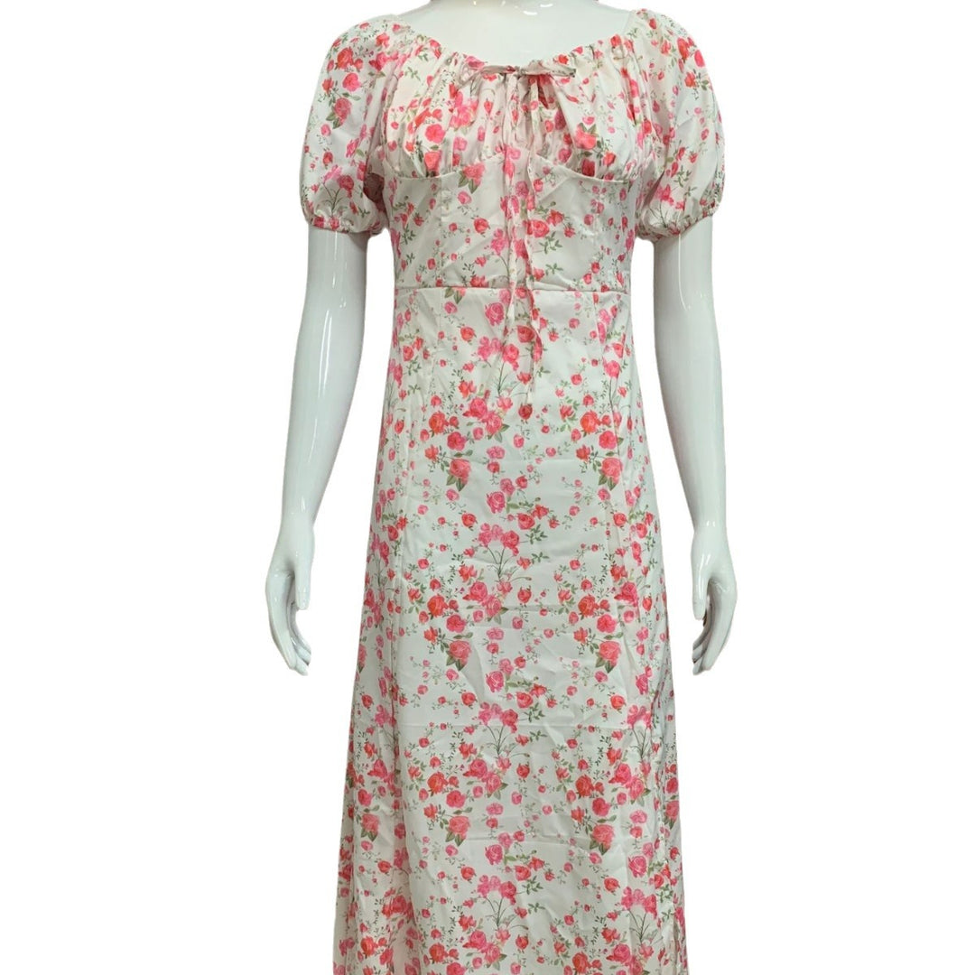 Women's Summer Floral Dress with High Neckline and Puff Sleeves Skjora