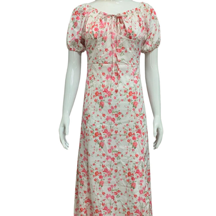 Women's Summer Floral Dress with High Neckline and Puff Sleeves Skjora