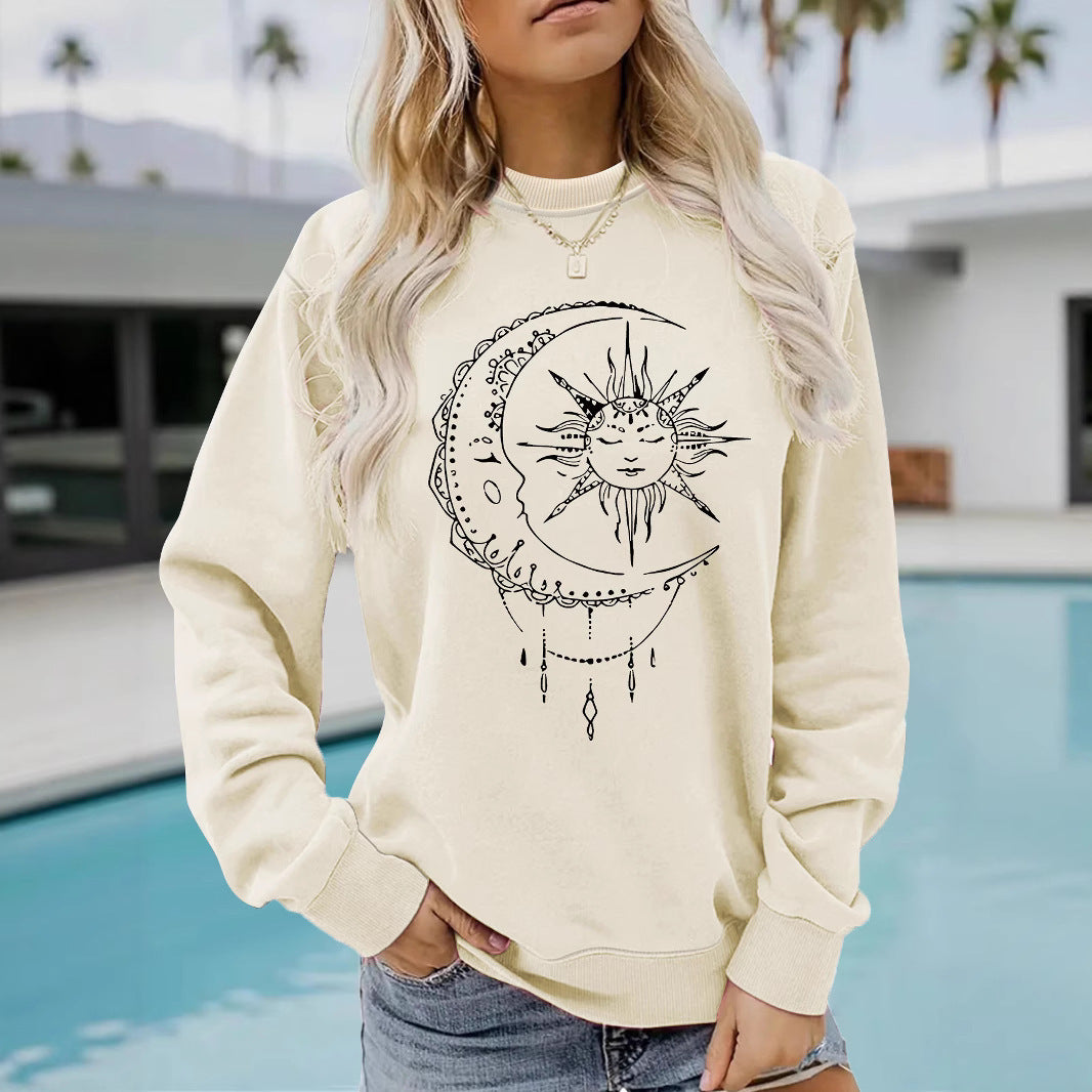 Dames sweatshirt med kunstnerisk sol- og måne-design Skjora