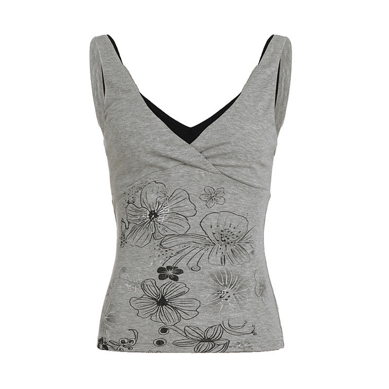 Dame Crop-Top med blomsterdesign og spaghetti-stropper Skjora