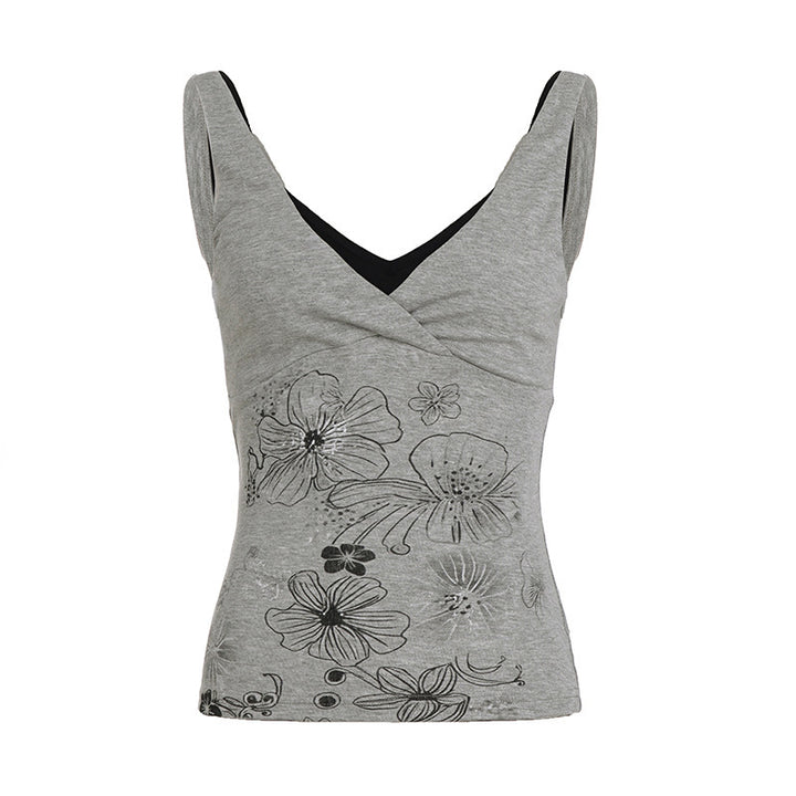 Dame Crop-Top med blomsterdesign og spaghetti-stropper Skjora