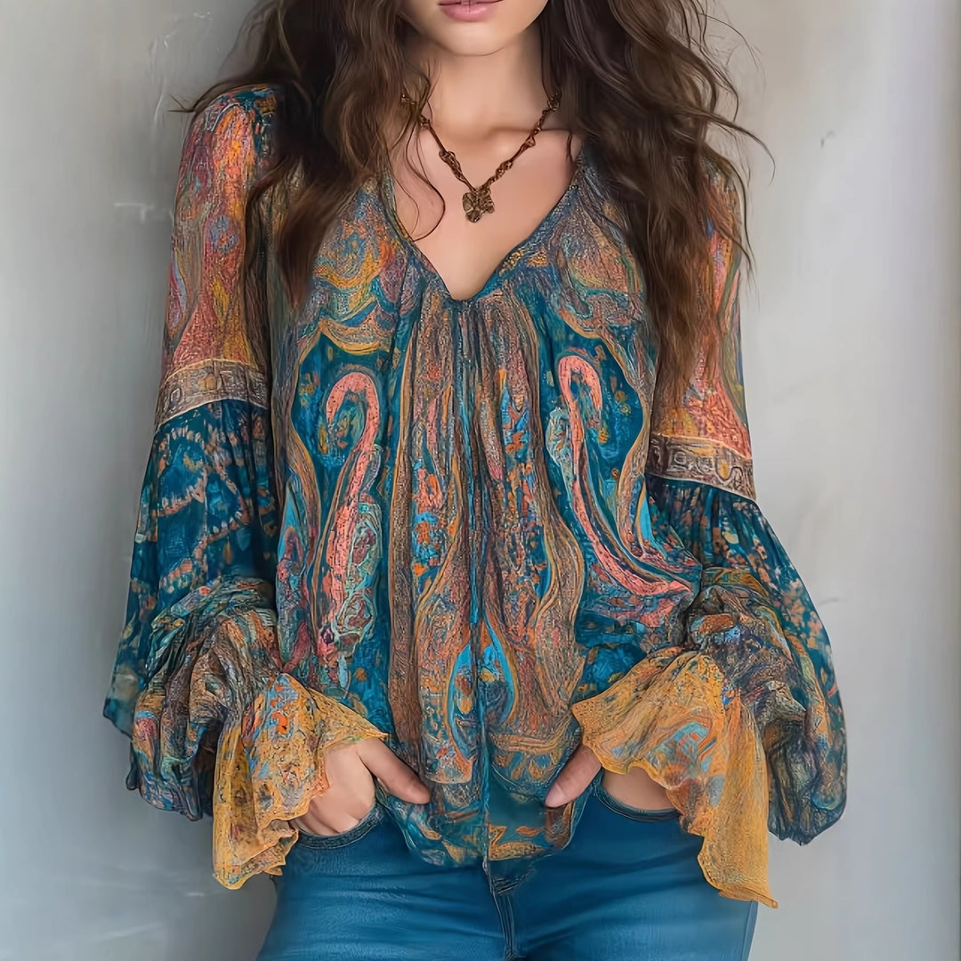 Dame Boho-Chic Bluse med flammet ermer og V-hals Skjora
