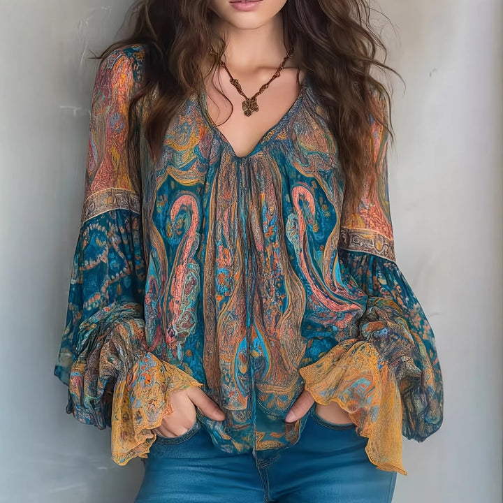 Dame Boho-Chic Bluse med flammet ermer og V-hals Skjora