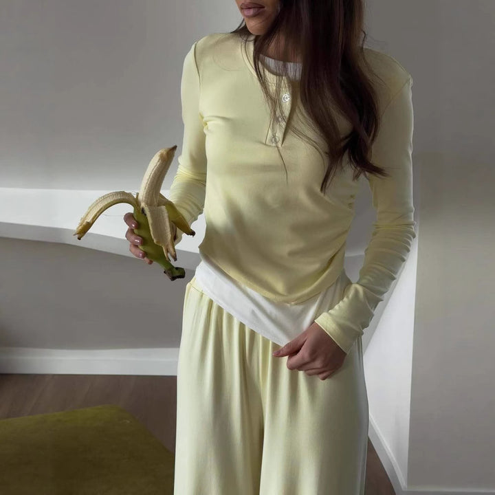 Dames loungewear sett med langermet skjorte og vide bukser