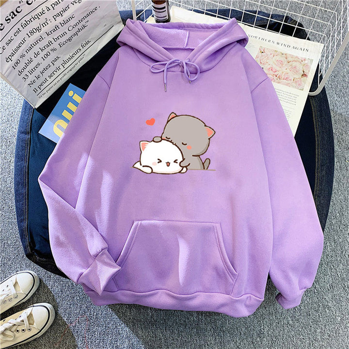 Dame hoodie med leken kattmotiv og komfortabel passform Skjora