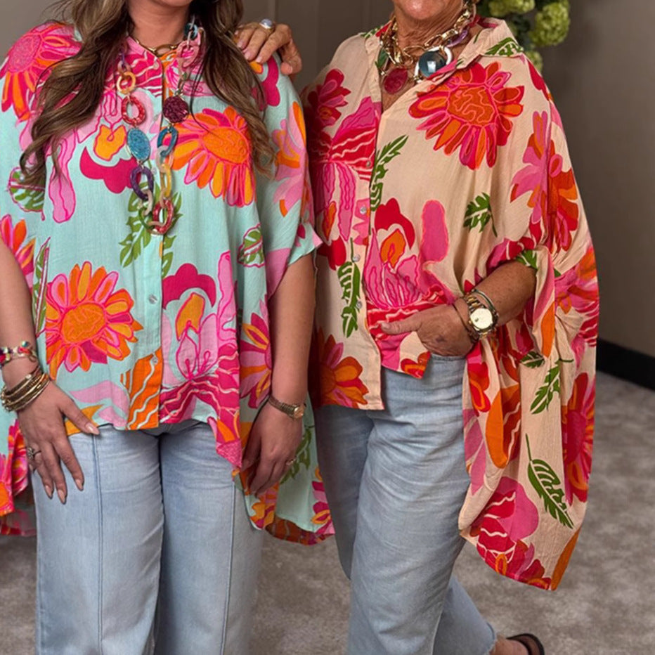 Kvinnenes Flytende Kimono Bluse med Fargerik Blomsterdesign Skjora