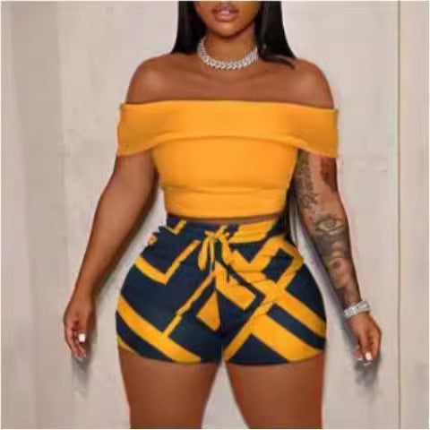 Dame Off-Shoulder Top og Høy Midje Shorts Sett Skjora