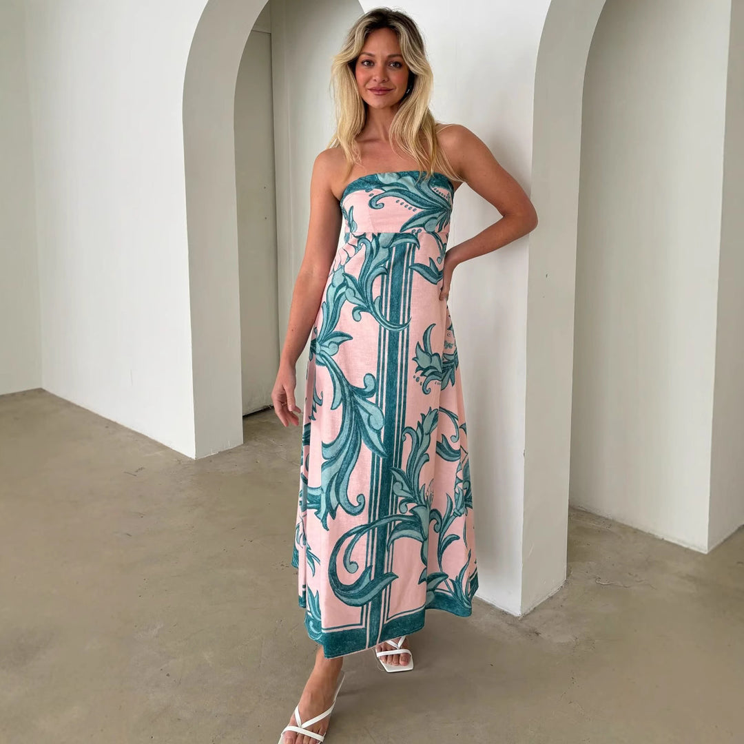 Kvinnenes Bandeau Maxi Kjole med Elegant Blomsterprint og Flytende Snitt