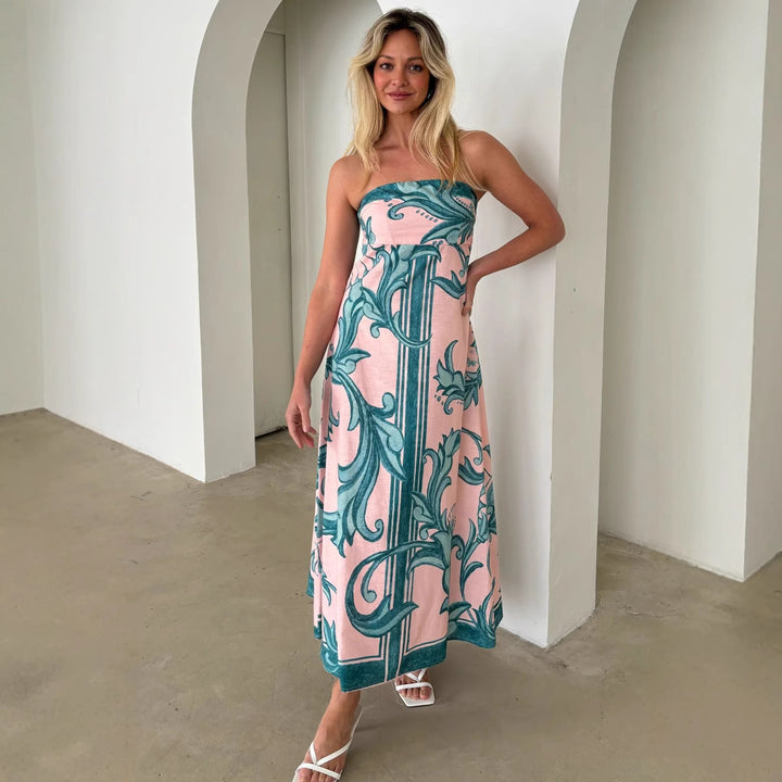 Kvinnenes Bandeau Maxi Kjole med Elegant Blomsterprint og Flytende Snitt