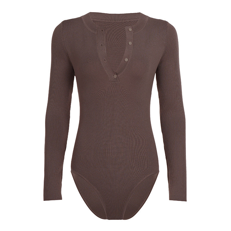 Dame Langermet Bodysuit med knappe detalj og strukturert materiale Skjora