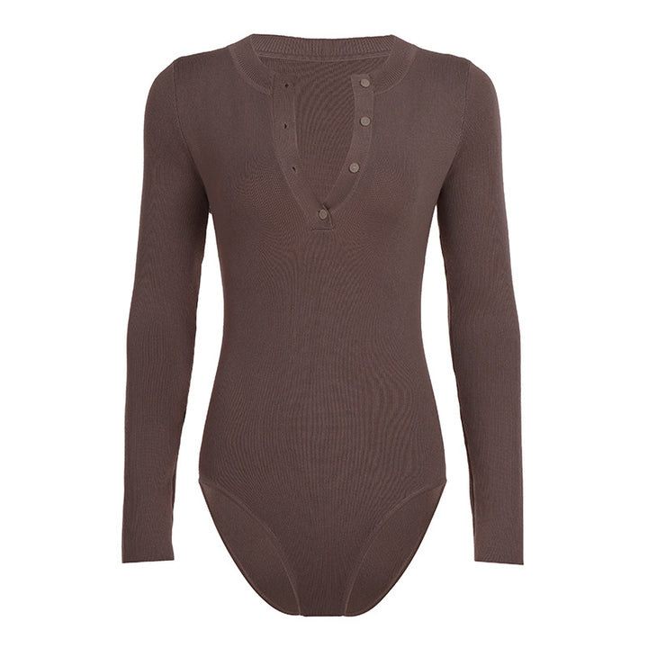 Dame Langermet Bodysuit med knappe detalj og strukturert materiale Skjora