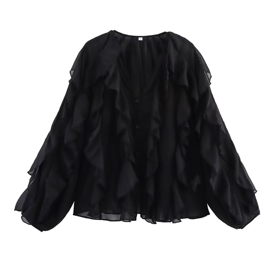 Kvinnes Elegant Volang Bluse med Voluminøse Ermer Skjora
