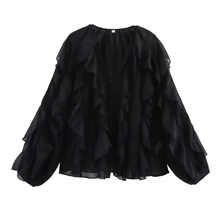Kvinnes Elegant Volang Bluse med Voluminøse Ermer Skjora