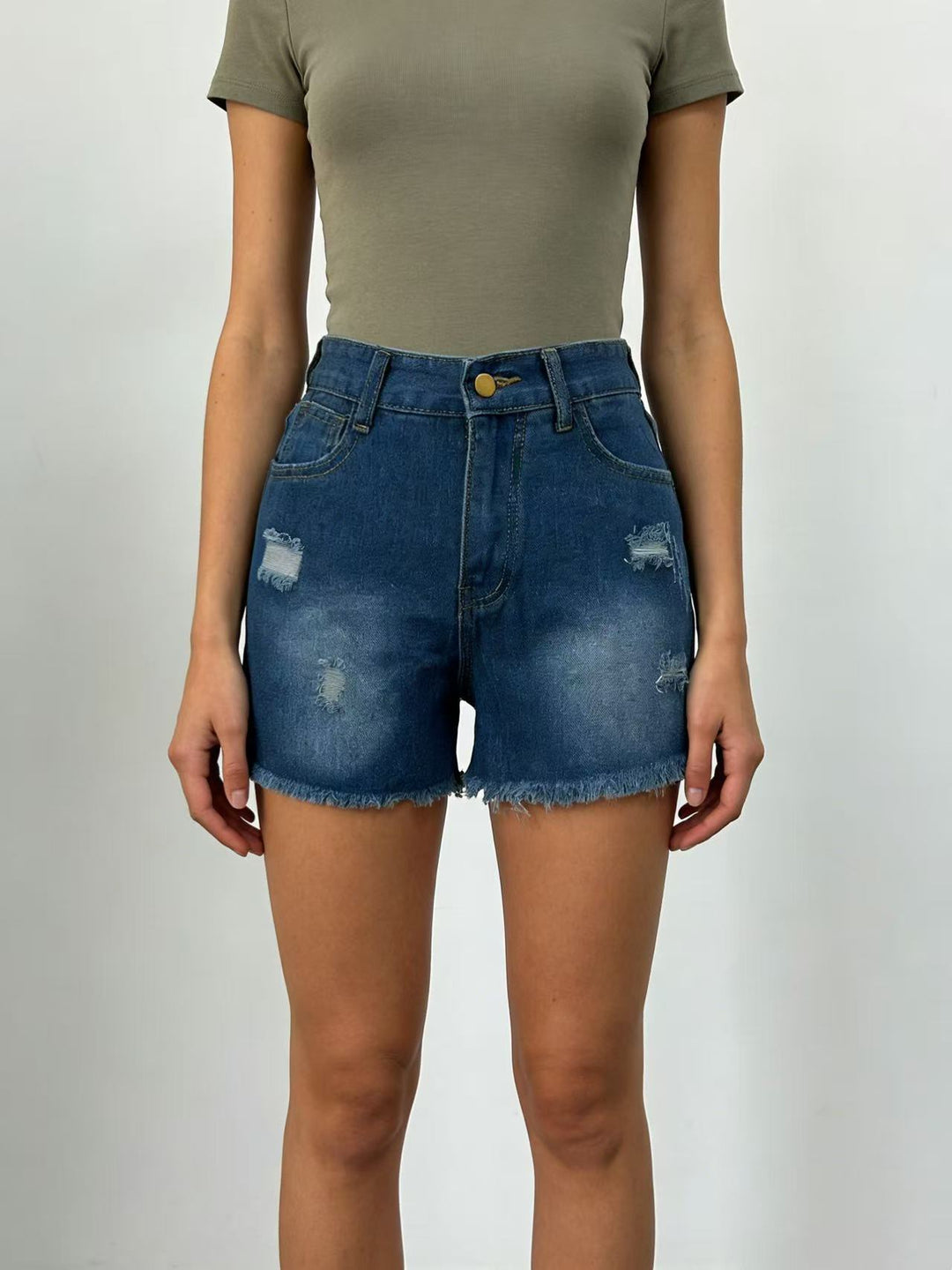 Dame Crop Top og Høyt liv Jeans-Shorts Skjora