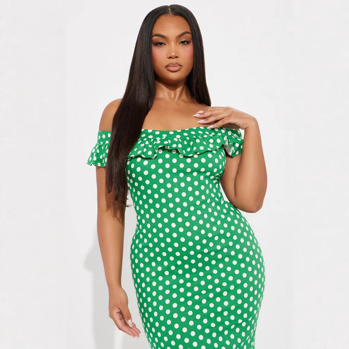 Damen Elegantes Maxikleid mit Rüschendetails und Polka-Dots Skjora