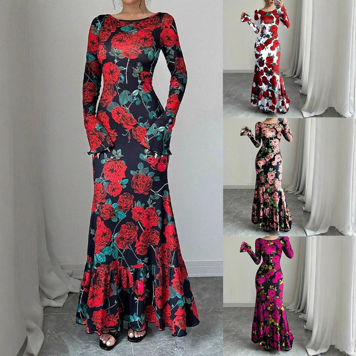 Kvinnene Elegant Maxi Kjole med Blomster Rysjedetaljer og Lange Ermer Skjora