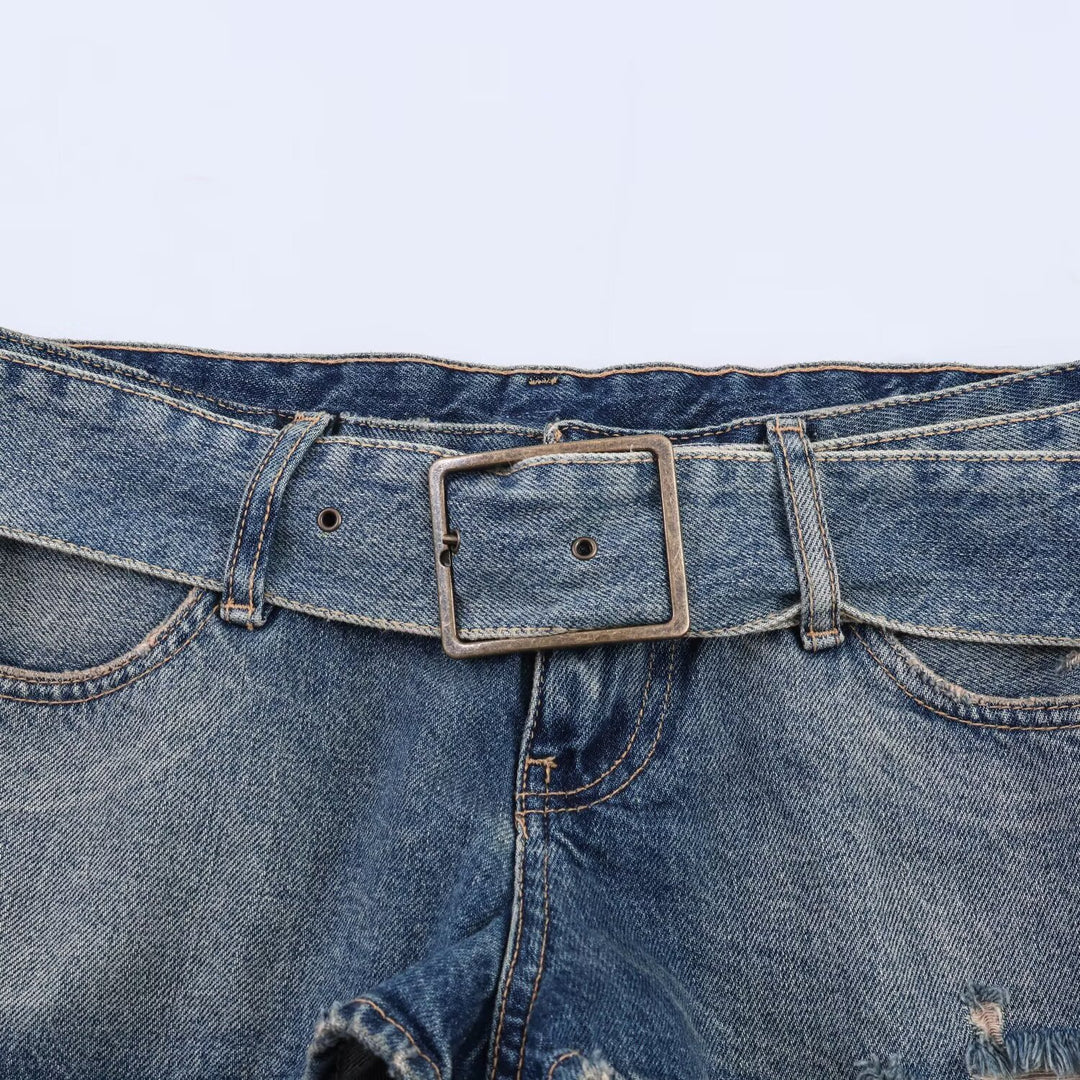 Dame moteriktig Destroyed Denim-Shorts med justerbart belte Skjora