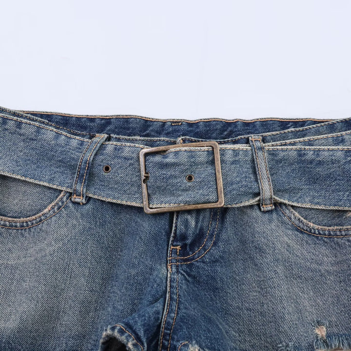 Dame moteriktig Destroyed Denim-Shorts med justerbart belte Skjora