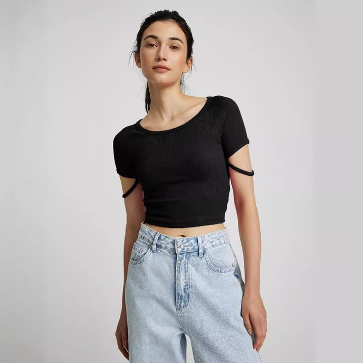 Dame kortermet tettsittende Crop-Top med rund hals Skjora