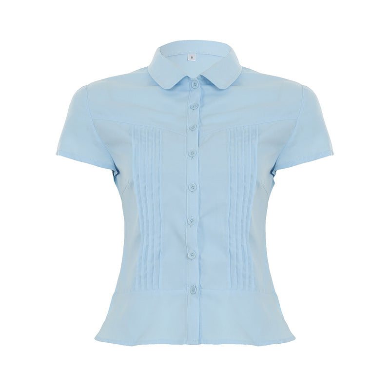 Damen kortermet skjortebluse med innsnevret snitt og elegante rynker Skjora