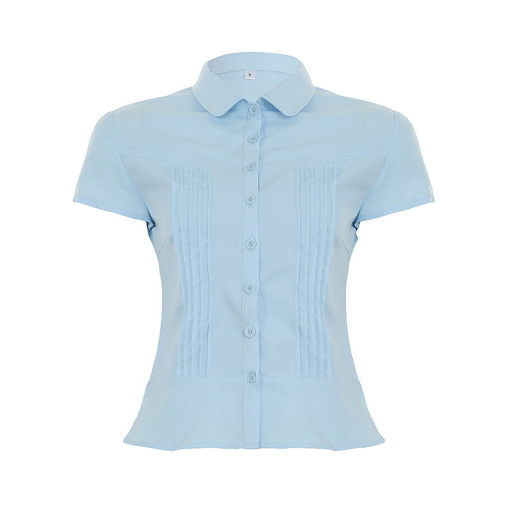 Damen kortermet skjortebluse med innsnevret snitt og elegante rynker Skjora