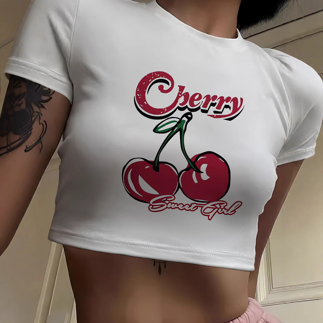 Dame Crop-T-skjorte med glad kirsebærmotiv Skjora