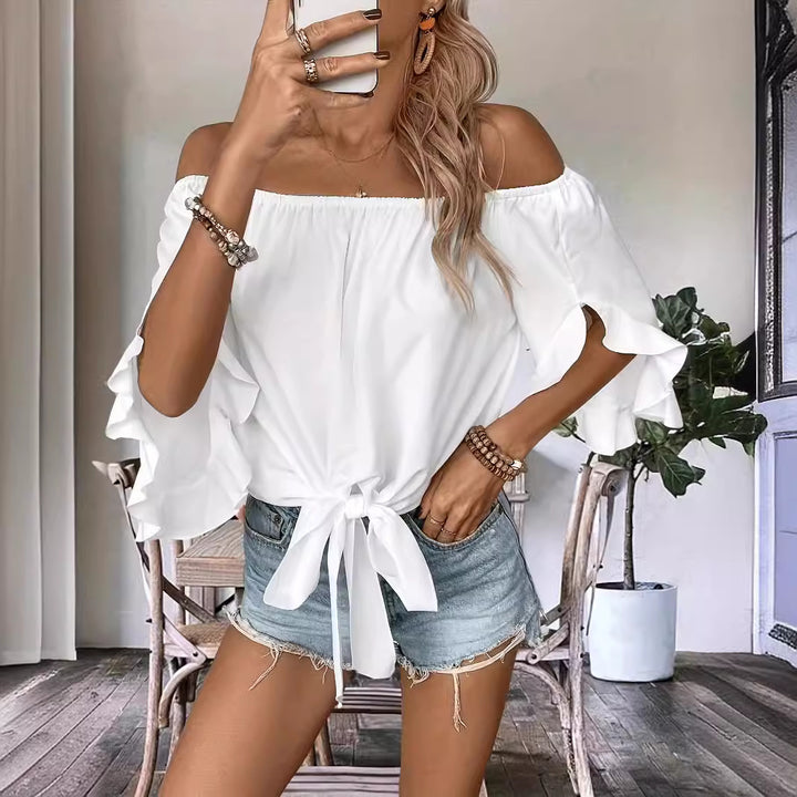 Dame Off-Shoulder-bluse med volangdetaljer og midjebinding Skjora