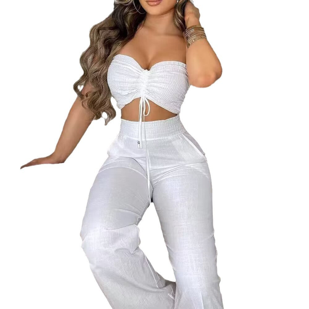 Dame To-delt Outfit laget av lett materiale med justerbar Crop-top og høy midje bukse Skjora