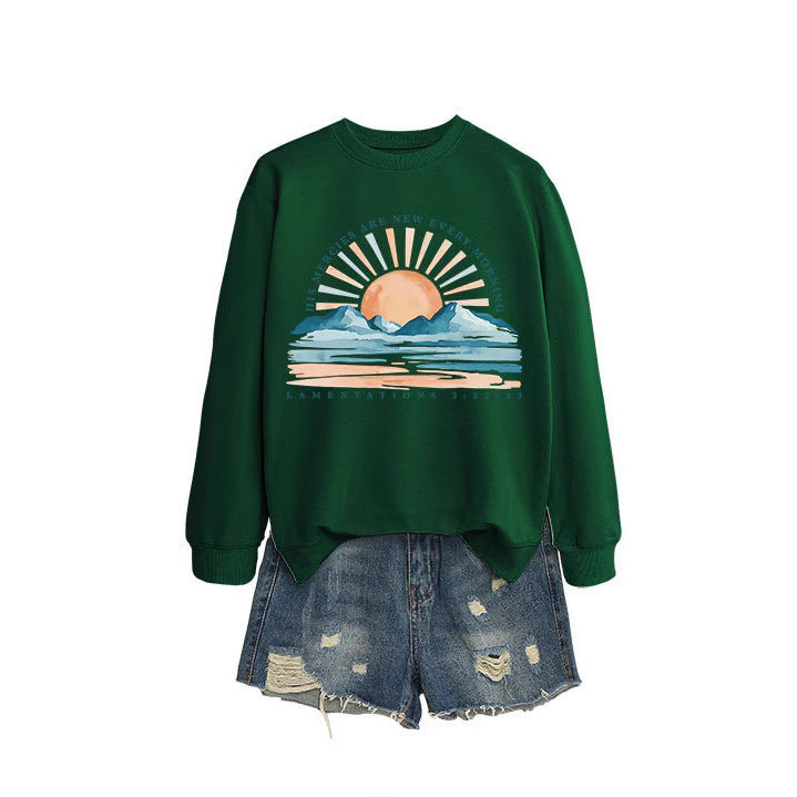Kvinne sweatshirt med inspirerende soloppgang design og avslappet passform Skjora