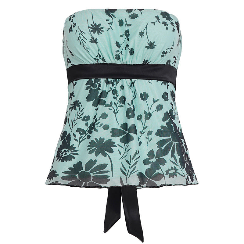 Dame Bandeau-top med blomstertrykk og justerbart belte Skjora
