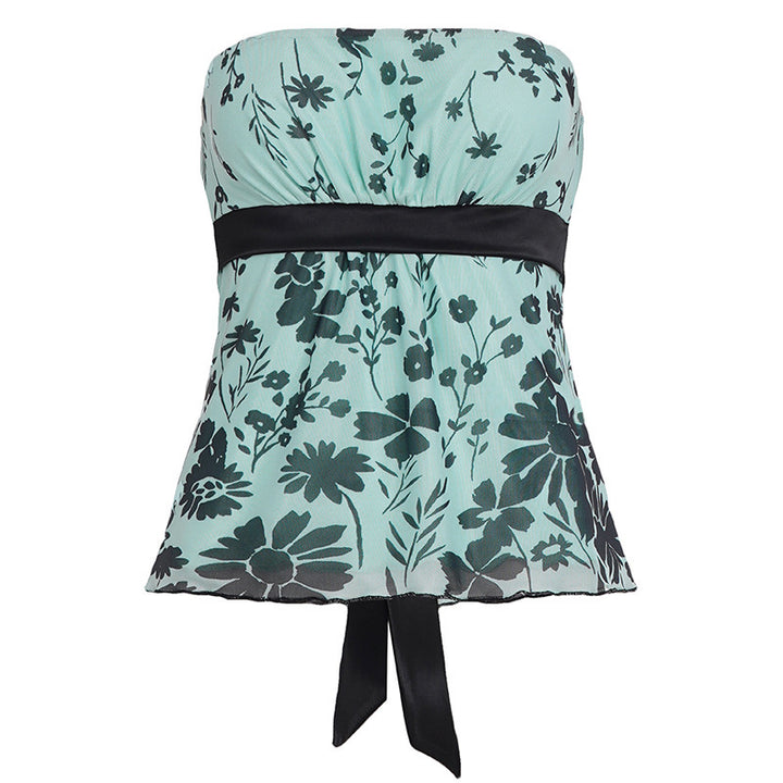 Dame Bandeau-top med blomstertrykk og justerbart belte Skjora