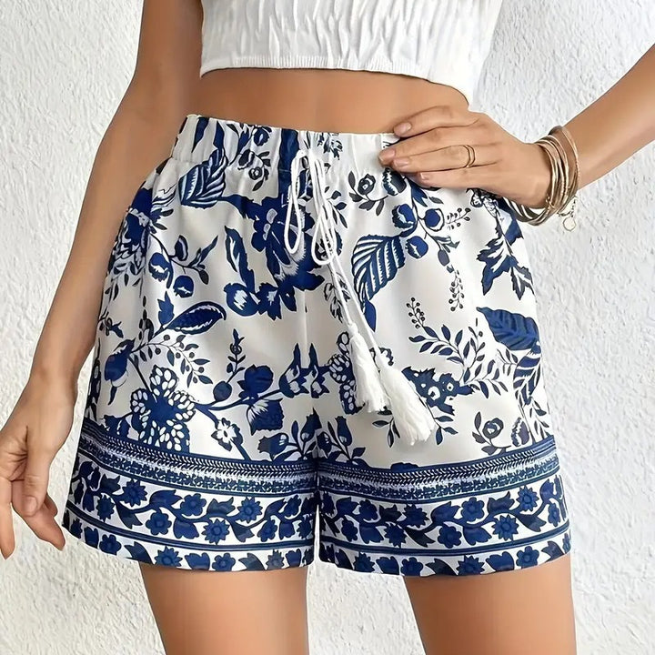 Dame fritidsshortser med blomstermønster og elastisk midje Skjora