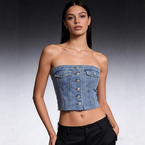 Dame Denim Bustier-Topp med knappdetalj og frynser Skjora