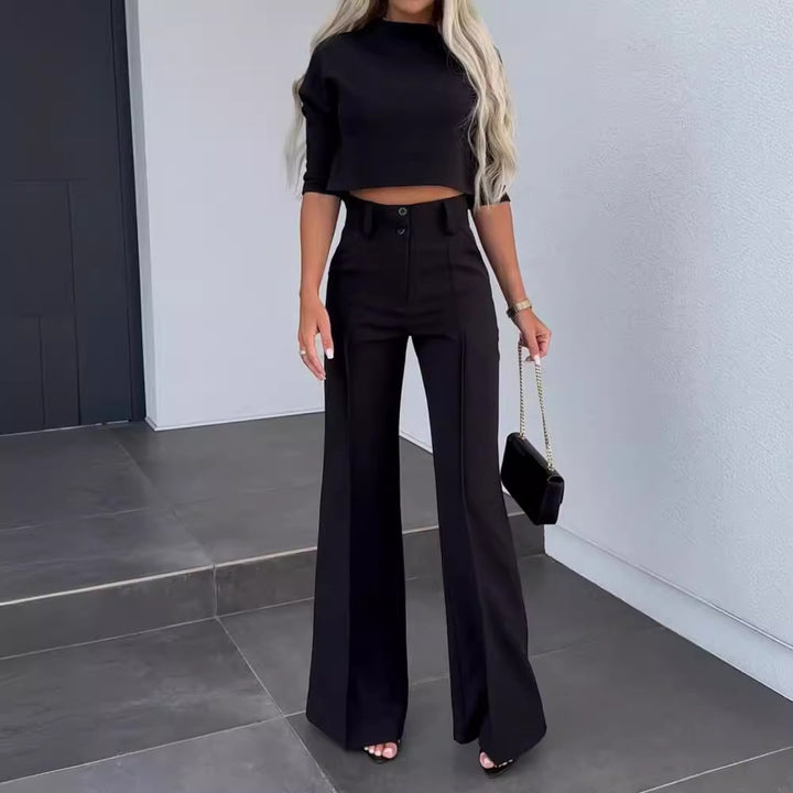 Damer Elegant To-Delt Blazer Sett med Høy Midje Bukser og Moderne Crop Top